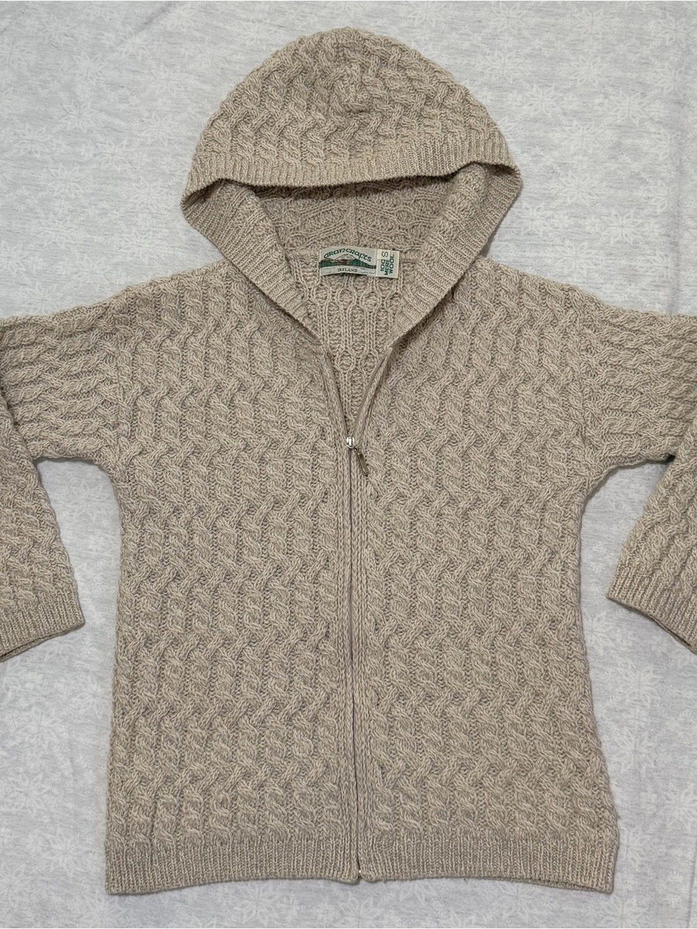 Aran Crafts Ireland Merino Wool Hooded Cardigan Small Cable Knit Oatmeal Zip